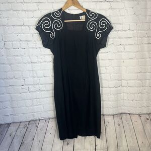 Jessica Howard Vintage 80s Black Evening Cocktail Dress size 6 Made in USA Linen